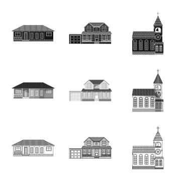 Vector design of building and front symbol. Set of building and roof stock Ilustración de archivo
