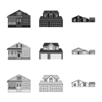 Vector design of building and front symbol. Set of building and roof stock Ilustración de archivo
