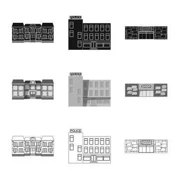 Vector design of building and front sign. Collection of building and roof stock Ilustración de archivo