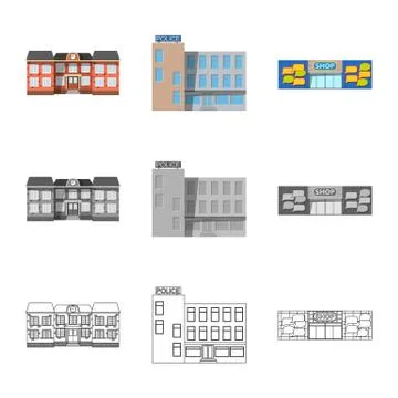Vector design of building and front sign. Collection of building and roof stock Ilustración de archivo