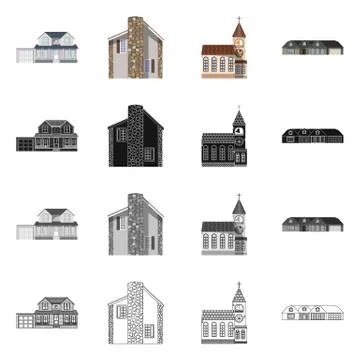 Vector design of building and front sign. Collection of building and roof stock Ilustración de archivo
