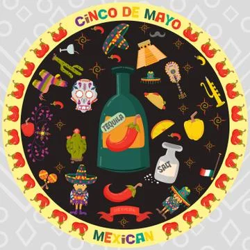 Vector design in circular ornament 8 on Mexican theme of Cinco de mayo celebr Stock Illustration