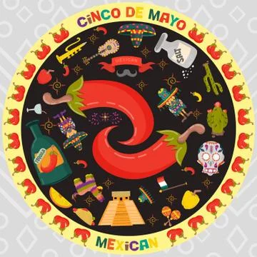 Vector design in circular ornament 9 on Mexican theme of Cinco de mayo celebr Stock Illustration