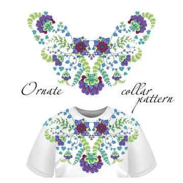 Vector design for collar shirts, blouses. Colorful ethnic flowers neck Stock Illustration