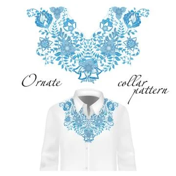 Vector design for collar shirts, blouses. Colorful ethnic flowers neck Stock Illustration