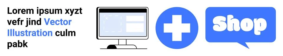 Vector Design Concept with Computer Screen, Plus Symbol and Shop Text Bubble Illustrazione stock