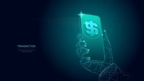 Vector design. Digital polygonal hand holding smartphone glowing dollar symbol 스톡 일러스트