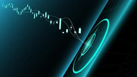 Vector design. Digital trading candlestick chart moving into glowing circular 库存插图