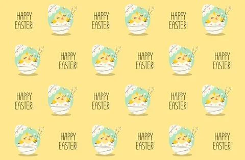 Vector Design Of Easter Pattern Of Cute Easter Chick On Yellow Background Stock Illustration