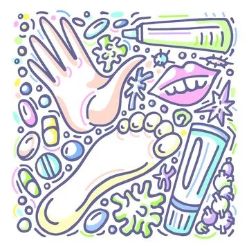 Vector design. Eczema, psoriasis, illness symptoms, bacteria and methods of t Stock Illustration