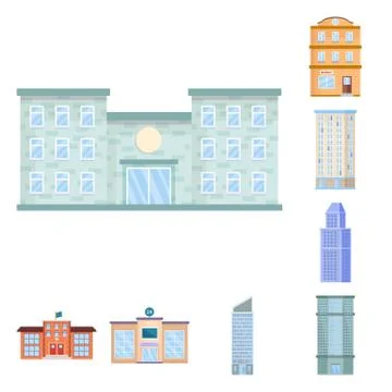 Vector design of facade and building sign. Collection of facade and exterior Ilustración de archivo