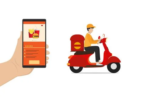 Vector design of fast food delivery service via smartphone application Stock Illustration