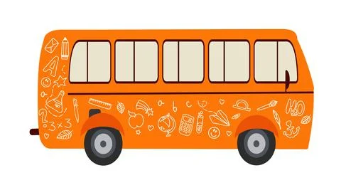 Vector design of a flat bus with doodle drawings. Hand-drawn school supplies Stock Illustration