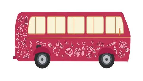 Vector design of a flat bus with doodle drawings. Hand-drawn school supplies on Stock Illustration