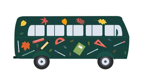 Vector design of a flat bus with drawings of school supplies on the bus. Back Stock Illustration