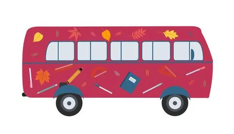 Vector design of a flat bus with drawings of school supplies on the bus. Back to Stock Illustration