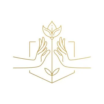 Vector design of flower growing between hands hand drawn with thin lines Stock Illustration