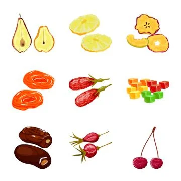 Vector design of fruit and dried icon. Set of fruit and food stock symbol for Stock Illustration