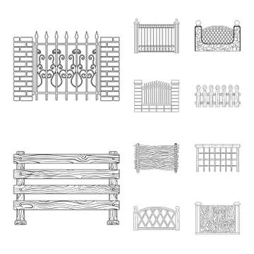 Vector design of gate and fence sign. Set of gate and wall stock symbol for web. Stock Illustration
