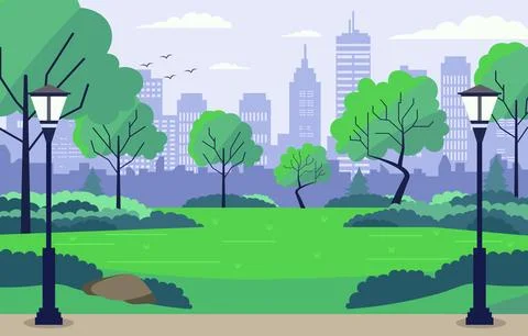 Vector Design of Green Trees in City Park with Cityscape Building in Bright D 스톡 일러스트
