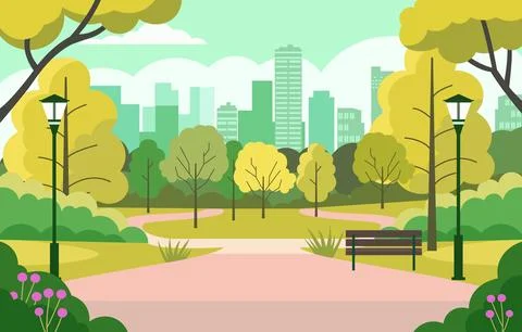 Vector Design of Green Trees in City Park with Skyscraper Building in Brigh.. Ilustración de archivo