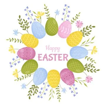Vector design with the inscription Happy Easter. A wreath of colorful Easte.. Stock Illustration