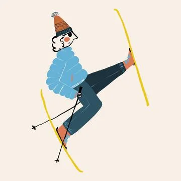 Vector design of lady skiing against beige background Stock Illustration