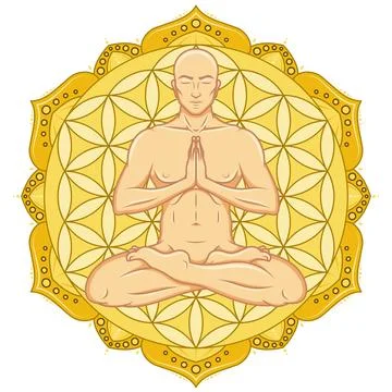 Vector Design Man Meditating with Flower of Life Illustrazione stock