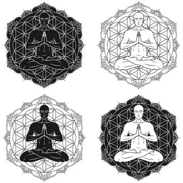 Vector Design Man Meditating with Flower of Life Illustrazione stock