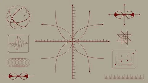 Vector design. Mathematical graph with parametric curves, waveforms, and physics Stock Illustration