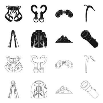 Vector design of mountaineering and peak sign. Set of mountaineering and camp Stockillustratie