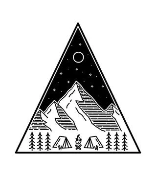 Vector design of mountains and camp views in mono line art Stock Illustration