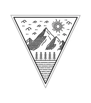 Vector design of natural scenery of mountains and lakes in mono line art Stock Illustration