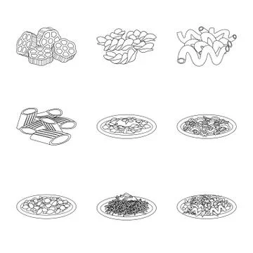 Vector design of pasta and carbohydrate sign. Set of pasta and macaroni stock Stock Illustration