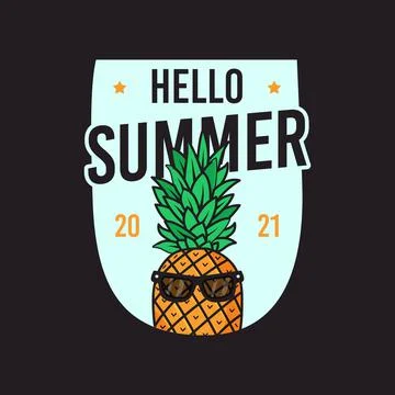 Vector design of pineapple in sunglasses. Hello Summer logo print on black Stock Illustration