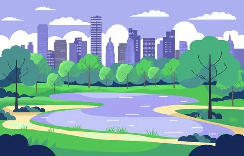Vector Design of Pond with Trees in City Park with Cityscape Building in Pu.. Ilustración de archivo