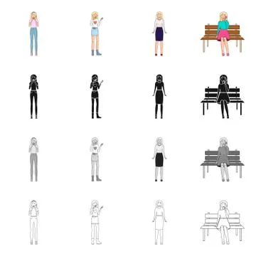Vector design of posture and mood symbol. Set of posture and female stock symbol Stock-Illustration
