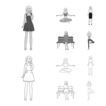 Vector design of posture and mood sign. Set of posture and female stock vector Stock Illustration