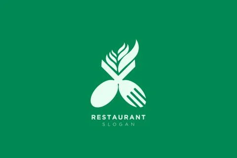 Vector design of a restaurant logo with spoons, leaves and forks. For food, b Stock Illustration
