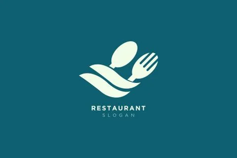 Vector design of a restaurant logo with spoons, leaves and forks. For food, b Illustrazione stock