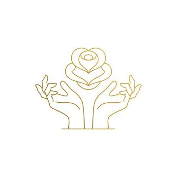 Vector design of rose flower growing between hands hand drawn with thin lines Stock Illustration