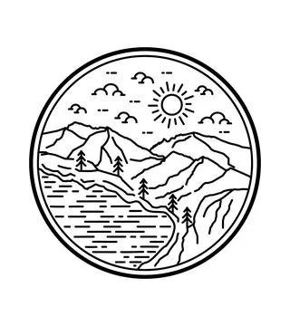 Vector design of sea view and mountain cliff in mono line art Stock Illustration