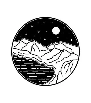 Vector design of sea view and mountain cliff on the night in mono line art Stock Illustration