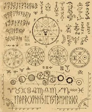 Vector design set with magic letters, pentacle, runes, zodiac, seals. Stockillustratie