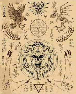 Vector design set with magic seals, demon face, hands, crow and skeleton Stock Illustration