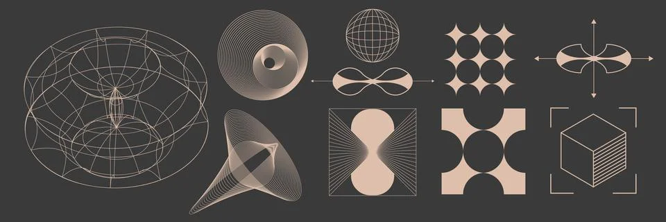 Vector design. Set of toroidal structures, spirals, and hyperbolic shapes in Stock Illustration