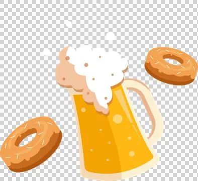 Vector design is showing frothy beer mug with bubbles and glazed donuts on Stock Illustration
