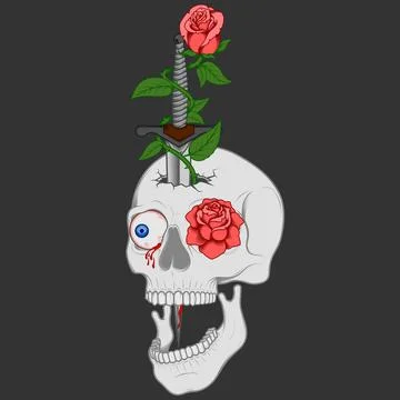 Vector design of skull dagger and roses 스톡 일러스트