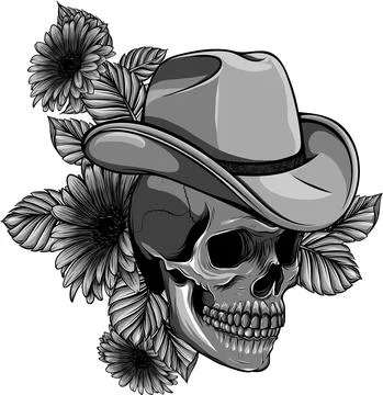 Vector design of skull with hat and flower 스톡 일러스트