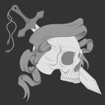 Vector design of skull with sword and ribbon. Stock Illustration